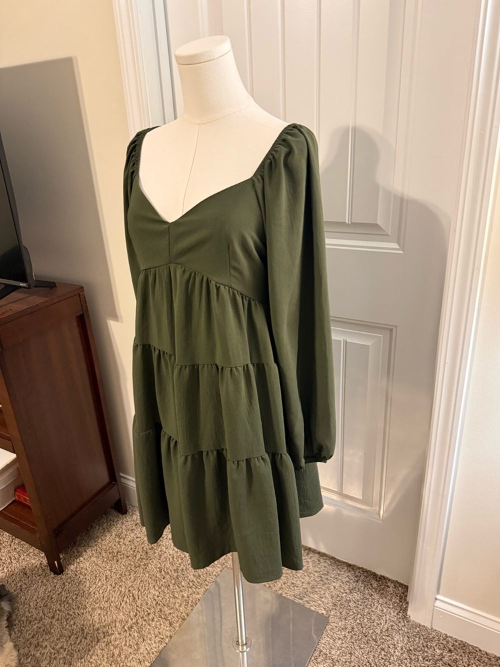 Altar'd State Olive Green Tiered Long-Sleeve Babydoll Dress - Picture 2 of 14